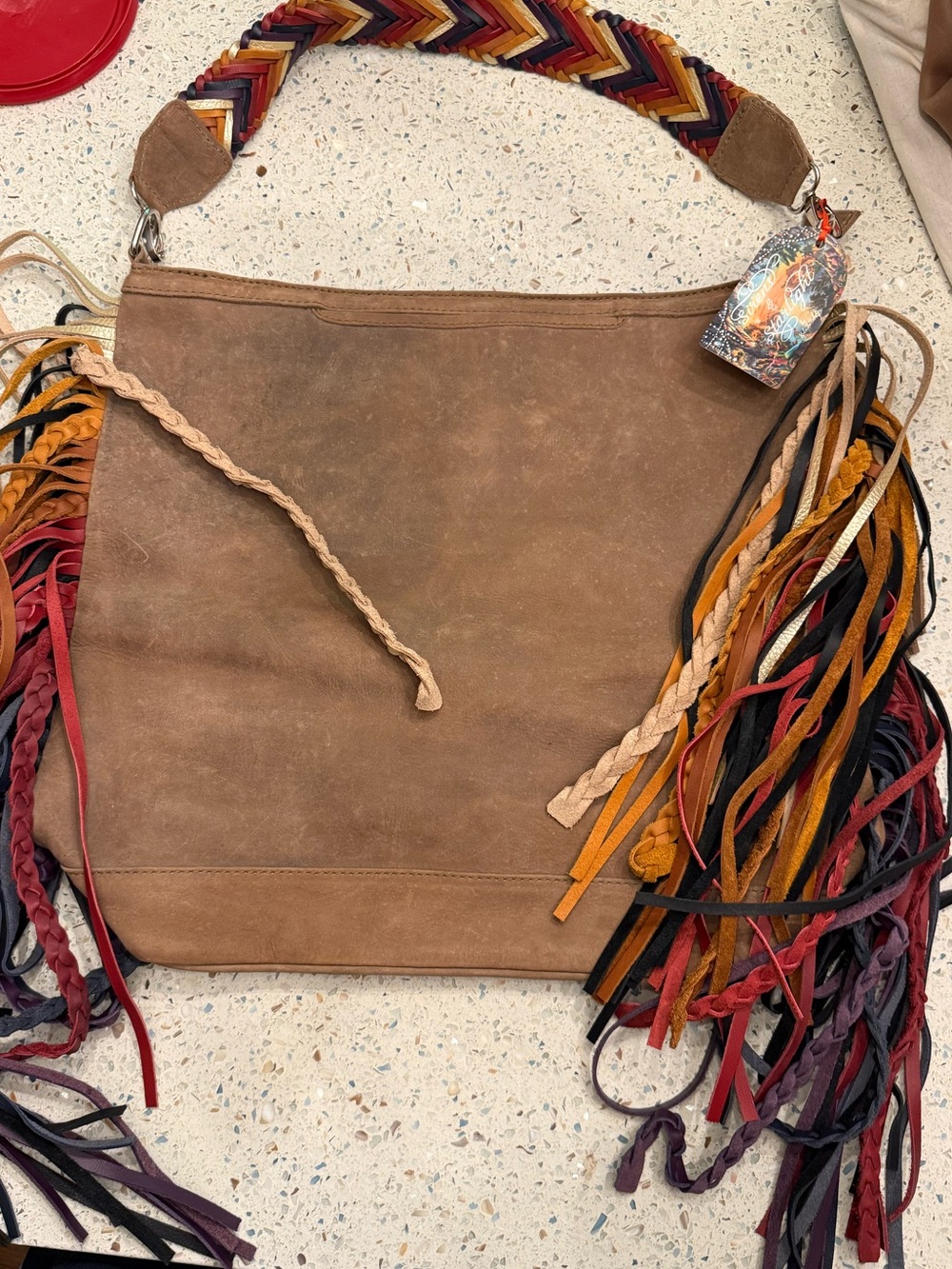 Brown Suede Fringe Shoulder Bag with Multicolor Braided Strap